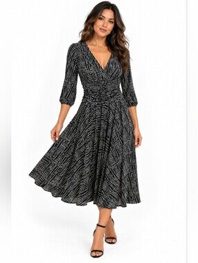 Lapis Black Cream Faux Wrap Ruched Midi Dress Polka Dot Medium